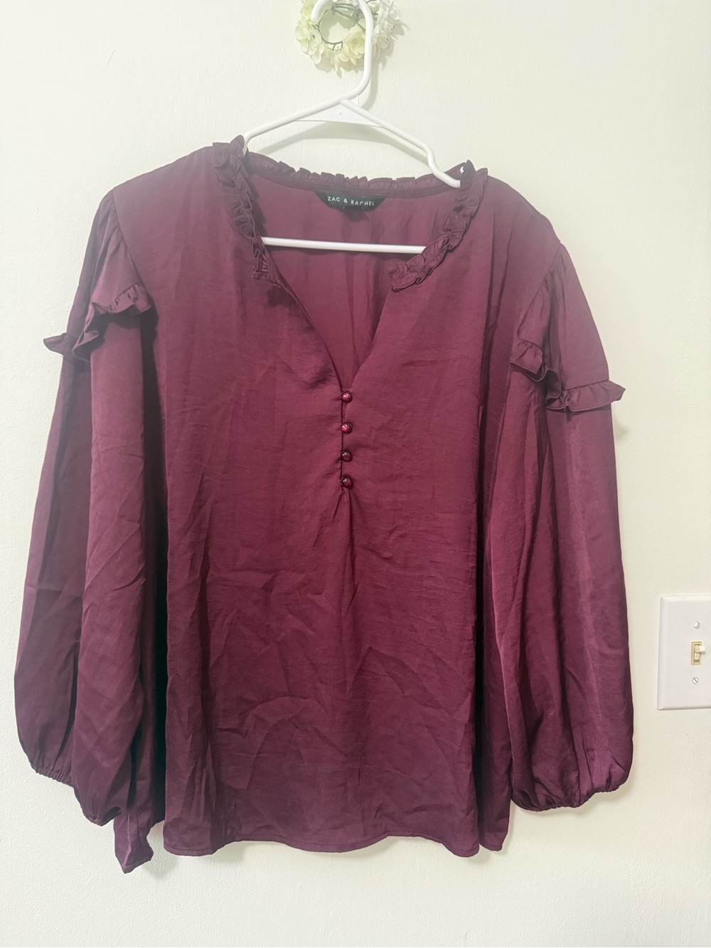 Zac & Rachel Deep Plum Ruffled Balloon-Sleeve Blouse